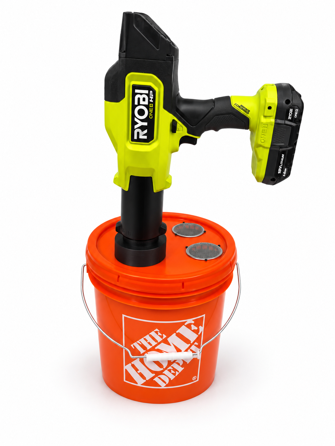 Completed Raffle Ticket Haboob with RYOBI blower installed in the bucket lid