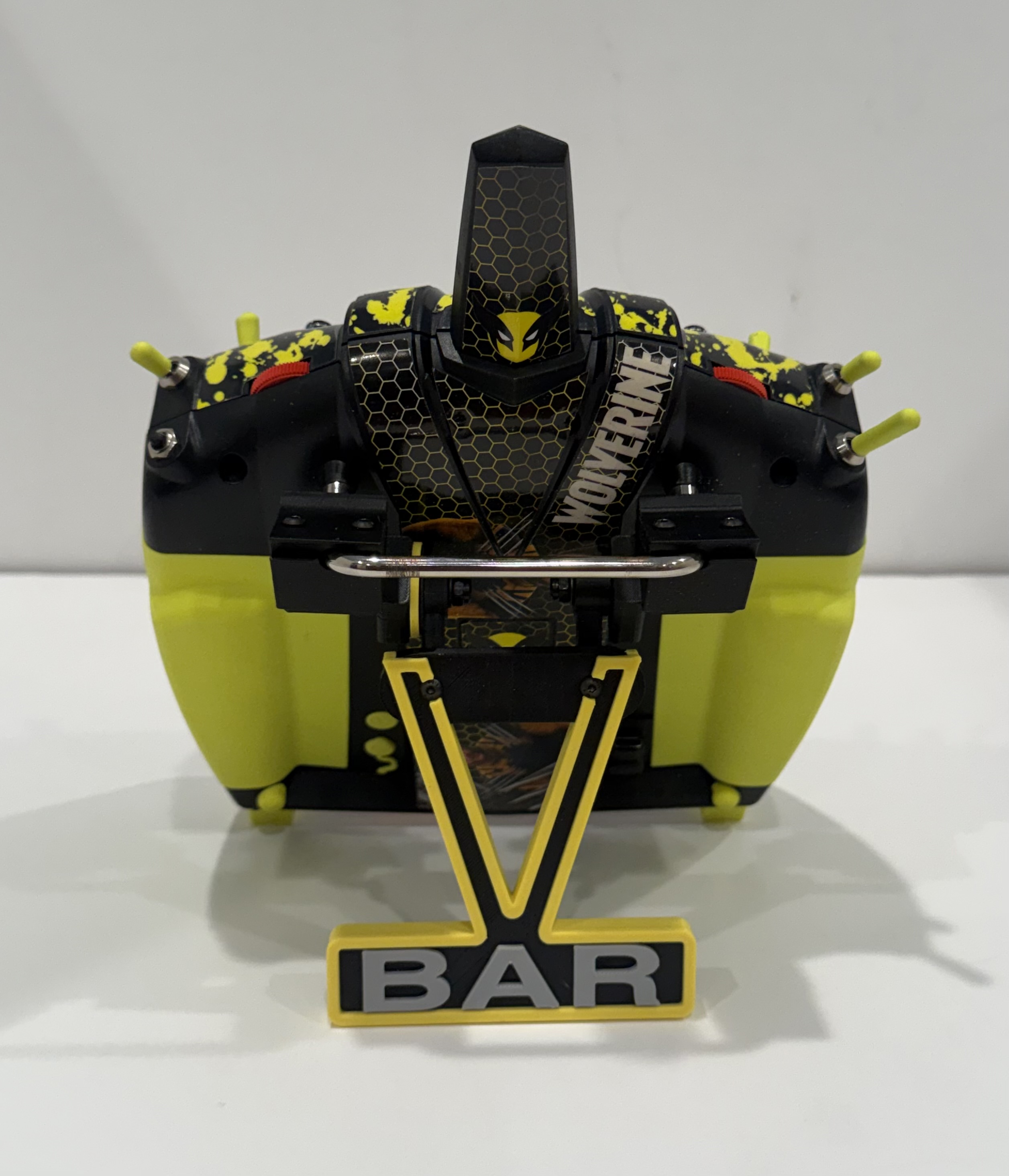 Rear view of the VBar transmitter with its stand extended